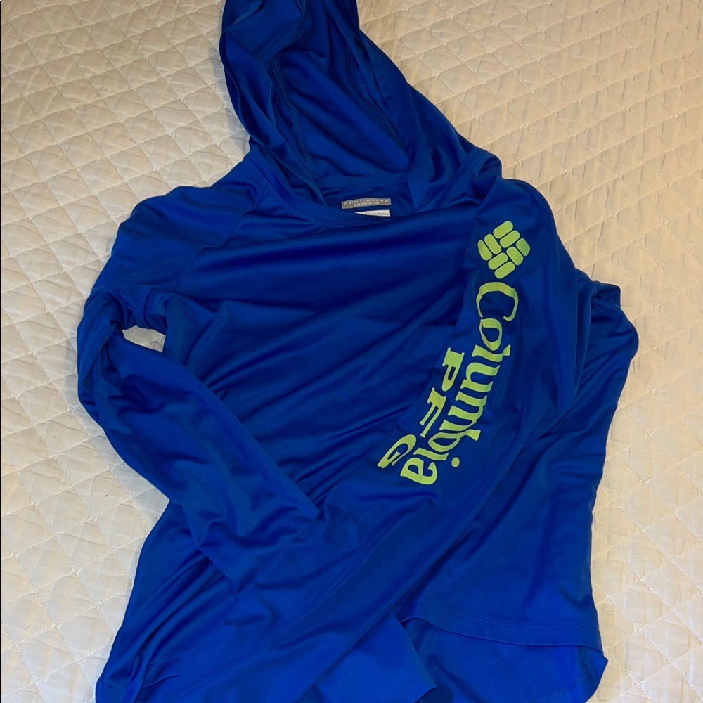 Columbia Vibrant Blue Hooded Shirt with Green Logo